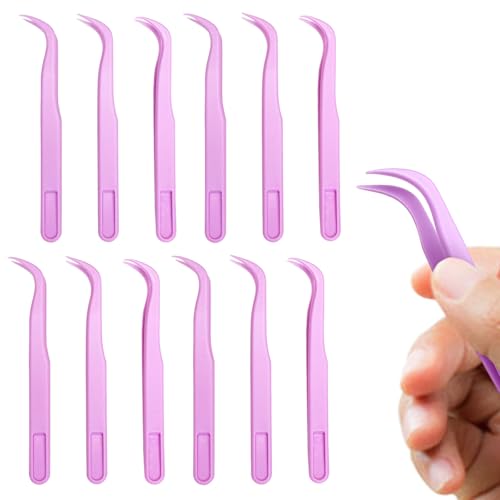 12 Pack 4.5 inches Plastic Tweezers for Kids Crafts for DIY Jewelry Making, beads bracelets, Baking Decoration, Reptile Feeding, Disposable Eyelashes Stickers Tweezers Bulk - color: Pink