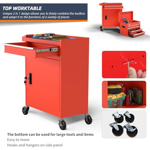 5-Drawer High Capacity Rolling Tool Chest, Removable Cabinet Storage Tool Box with Wheels and Drawers, Detachable Toolbox with Lock for Mechanics Garage Workshop and Tool Room (Red) - color: Red