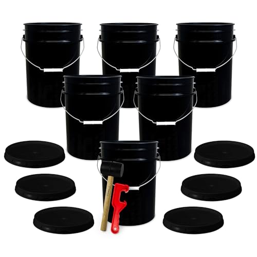 ePackageSupply 5 Gallon Plastic Bucket with Airtight Lid | Food Grade Bucket | BPA-Free | Heavy Duty 90 Mil All Purpose Pail | One 12" Rubber Mallet & One Lid Opener Included | 6 Pack - color: Black, size: 6 Packs