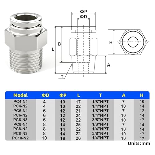 TAILONZ PNEUMATIC 304 Stainless Steel Male Straight 4MM Tube OD x 1/8 Inch NPT Thread Push to Connect Fittings PC4-N1 (Pack of 2) - size: 4mm OD 1/8''NPT