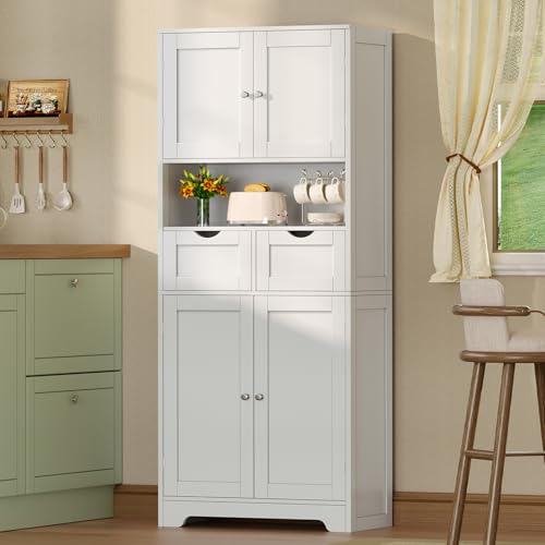 TEENFON 57.8" H Tall Bathroom Storage Cabinet with 4 Doors & 2 Adjustable Shelves, Freestanding Bathroom Cabinet with 2 Drawers, Kitchen Cabinets & Pantry, Cupboard for Kitchen, Dining Room, White - color: White 2 Drawers
