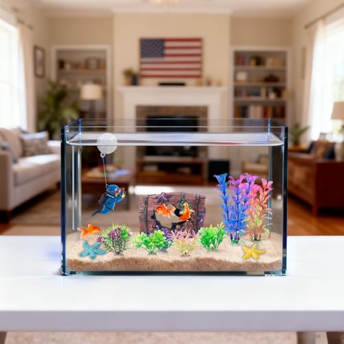 12 PCS Aquarium Decoration Broken Barrel Set, Plastic Aquarium Plants, Resin Floating Diver Fish Tank Decorations & Resin Starfish, Small Fish Tank Ornaments for Pet Fish to Hideout and Rest