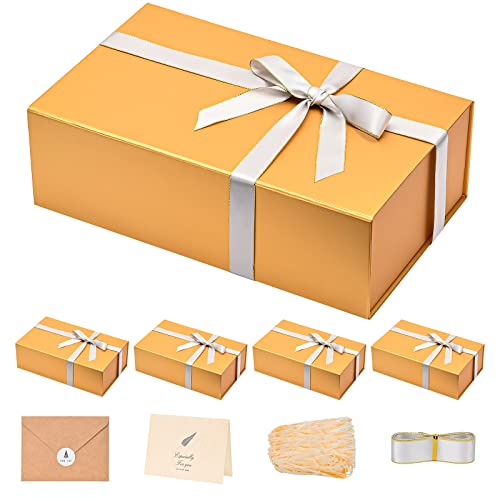 LIFELUM Gift Boxes with Lids for Presents 5 Pack 13.85 x 8.35 x 4.45 inch Gold Gift Boxes with Ribbon,Card,Shredded Paper Filler Gift Box for Valentine's day,Christmas - color: Gold, size: 1 count (Pack of 5)