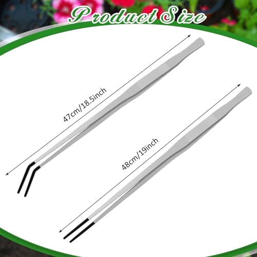 Lasnten 2 Pcs Extra Long Stainless Steel Reptile Feeding Tongs with Rubber Tip 18.5 Inch, 18.9 Inch Bearded Dragon Aquarium Straight and Curved Long Tweezer Terrarium Feeder Tool for Tank(Silver) - color: Silver, size: 18.5 Inch, 18.9 Inch