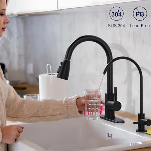 Black Kitchen Faucet and Water Filter Faucet Combo, WOWOW Stainless Steel Kitchen Sink Faucet with Drinking Water Faucet for Reverse Osmosis or Water Filtration System, Matte Black - color: B: Black, style: Kitchen Faucet & Filter Faucet