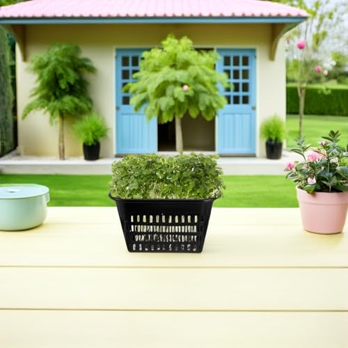 Kisangel 4pcs Aquatic Plant Basket Square Hydroponic Baskets Plastic Slotted Mesh Pond Planting Pots Plastic Net Cups for Balcony Garden,Black