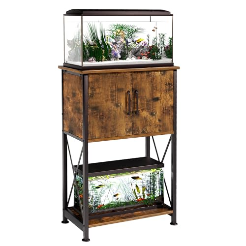 Herture 5-10 Gallon Fish Tank Stand, Metal Double Aquarium Stand with Cabinet for Fish Tank Accessories Storage, Heavy Duty 20.5" L* 11.02" W Tabletop, 500LBS Capacity Rustic Brown and Black PG06YGN - color: Rustic Brown, size: 5-10 Gallon