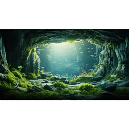Underwater Cave Aquarium Background Under The Sea World Large Rock Fish Tank Background Aquatic Plant Lush Green Moss Reptile Tank Backgrounds Cave Landscape Reptile Enclosure Background 48x18in - color: Bright Green, size: 48(W)x18(H)inches/ 120(W)*45cm(