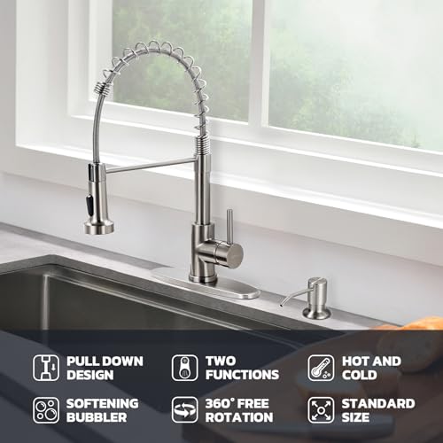 WEWE Kitchen Sink Faucet with Soap Dispenser, Kitchen Faucet with Pull Down Sprayer Stainless Steel Single Handle High Arc Pull Out Brushed Nickel Faucet for Bar Laundry RV Utility Sink - color: Brushed Nickel, style: Vintage