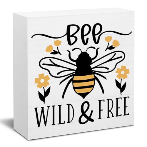 Summer Bee Sign Decor Bee Decorations for Home Be Wild And Free Wooden Box Sign Desk Accessories Home Office Bedroom Bathroom Decor 5 X 5 Inch - color: Bee