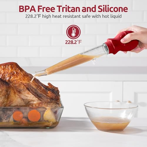 U-Taste 1.5oz Angled Turkey Baster - 228.2ºF Heat Resistant Food Grade Tritan and Silicone Large Octopus Bulb Baster Set with Cleaning Brush for Cooking Basting Meat Poultry Beef Chicken (Red) - color: Red