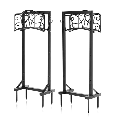 Heavy-Duty Garden Hose Holder with Tool Hooks and Stable Base, XEAPOMS Metal Hose Hanger Garden Hose Storage Holds 160Ft, Rustproof Freestanding Water Hose Holder for Outside, Yard, Lawn, Farm - color: Deep Black