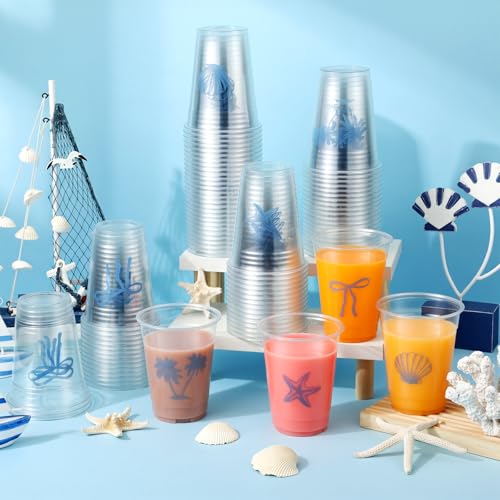 Qinyoung 100 Pcs Ocean Party Disposable Cups 12 oz Clear Plastic Blue Bow Starfish Seashell Coastal Beach Nautical Sea Theme Plastic Cups for Under The Sea Summer Ocean Tropical Mermaid Party Supplies - style: Coastal