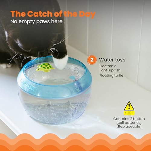 Catstages Meow-SMERIZING Fish Bowl for Cats with Two Water Cat Toys, Electronic Swimming Fish and Floating Turtle Included, Blue - color: Meow-smerizing Fish Bowl