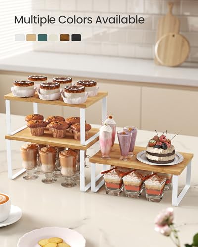 SONGMICS Cabinet Organizer Shelf, Set of 3 Kitchen Counter Shelves, Kitchen Storage, Spice Rack, Stackable, Expandable, Cloud White and Natural Beige UKCS014YL02 - color: Cloud White + Natural Beige