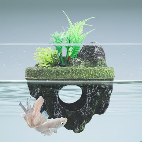 Floating Island Fish Tank Decorations – Aquarium Decor with Hideout Tunnel, Betta Fish and Shrimp Cave, PVC Aquarium Accessory with Artificial Plants - size: Small