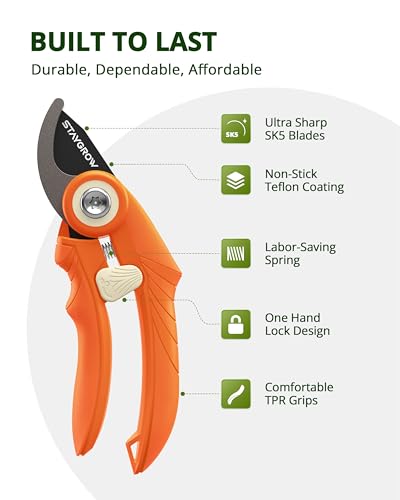 Pruning Shears, Garden Shears - 6.9" Garden Clippers, Gardening Scissors with Rust Resistant SK5 Stainless Steel Blade, Cuts 3X Easier, Weak Hand Arthritis Pruners for Gardening - Orange - style: 6.9" Bypass Orange