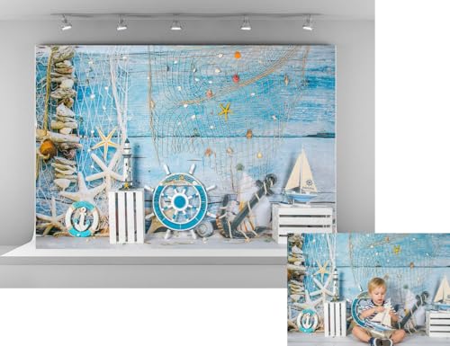 Kate 7x5ft Nautical Vintage Coastal Ocean Theme Backdrops for Photography with Starfish Anchor Sailboat Blue Wooden Wall Photo Background for Birthday Party Baby Shower Photo Booth Studio Props - size: 7x5ft