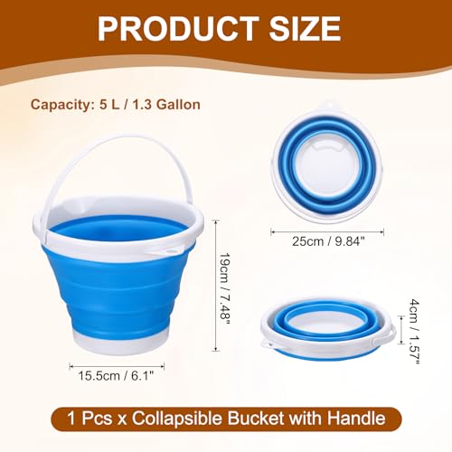 uxcell Collapsible Bucket, 1.3 Gallon (5L) Small Foldable Bucket, Portable Water Pail Round Tub Cleaning Tools with Handle for RV Camping Household Garden Fishing Car Wash, Blue - color: Blue
