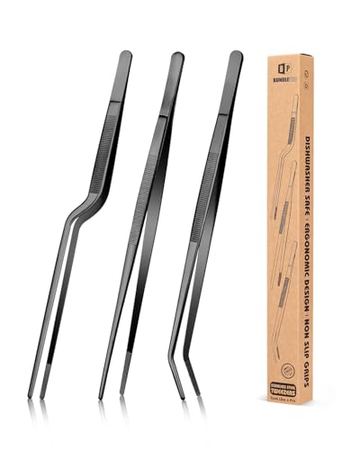 Fine Cooking Tweezers Set, Professional Stainless Steel Food Tongs, Kitchen Black Long Chef Tweezer for Cooking, Plating, Decorating and BBQ (BLACK, 12 inch) - color: Black, size: 12 inch