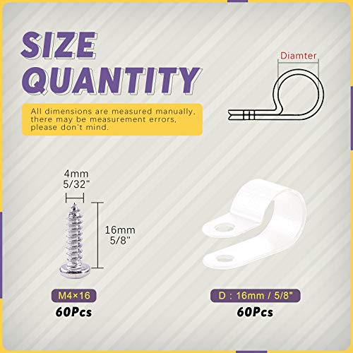 Swpeet 60 Pack White 5/8 Inch Nylon Plastic R-Type Cable Clips Clamp Kit, Nylon Screw Mounting Cord Fastener Clips with 60 Pack Screws for Wire Management (5/8 Inch, White) - color: White, size: 5/8 Inch