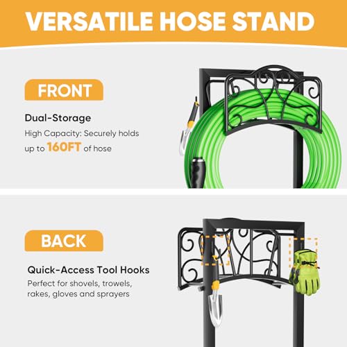 Heavy-Duty Garden Hose Holder with Tool Hooks and Stable Base, XEAPOMS Metal Hose Hanger Garden Hose Storage Holds 160Ft, Rustproof Freestanding Water Hose Holder for Outside, Yard, Lawn, Farm - color: Deep Black
