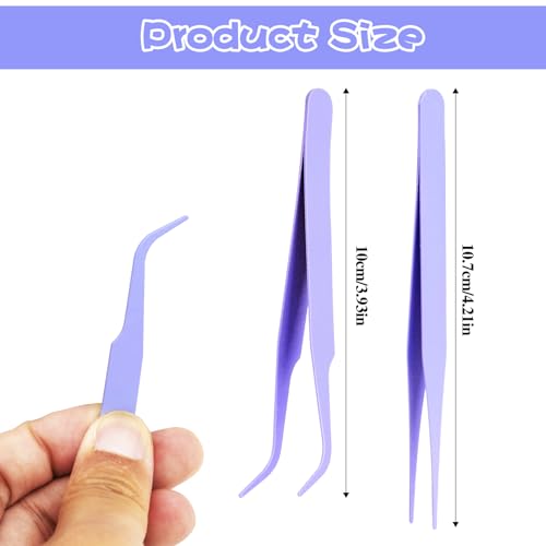 Lash Tweezers Kit - 2 Pcs Stainless Steel Eyelash Tweezers Straight and Curved Tip for Eyelash Extensions, DIY Crafts, Nail Art, Scrapbooking, Jewelry Making - color: Purple