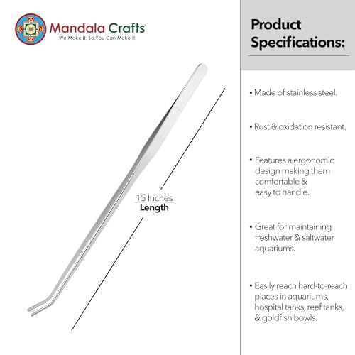Mandala Crafts 15 Inches Silver Stainless Steel Curved Aquarium Tweezers for Aquatic Plants – Long Aquascape Forceps for Fish Tanks, Hospital Tanks, Goldfish Bowls, and Terrariums - color: Stainless Steel Curved Tweezers, size: 15 Inches