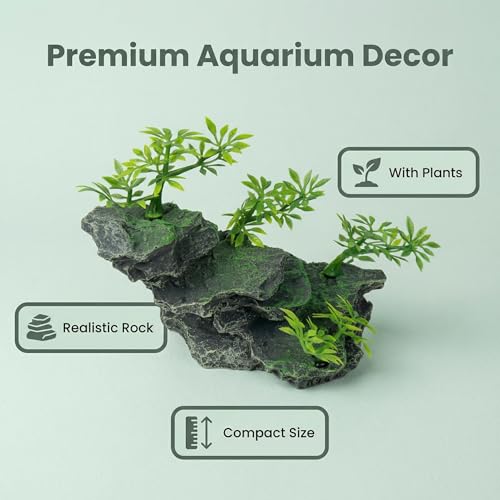 Aquarium Ornament Resin Mountain Fish Tank Decorations with Artificial Plants – Fish Tank Decor Rock Hideout for Betta, Snails, Turtle, Shrimp, Ideal for Aquascaping & Landscaping
