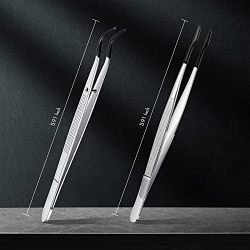 2 Piece Tweezers with Rubber Tips Set - Bent and Straight Flat Tips Tweezers PVC Coated for Stamp Coins Jewelry Crafts, Electronics(Silver, Black) - color: Silver, Black