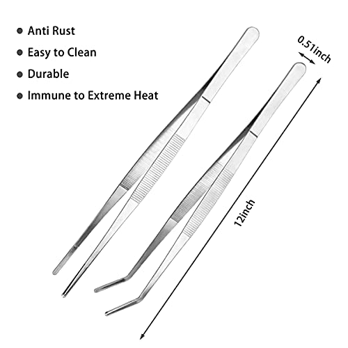 Kitchen Long Tweezers Set, LEEFONE 2 PCS 12 Inch Stainless Steel Food Tweezers with Precision Serrated Tips for Cooking & Baking (Straight + Curved)