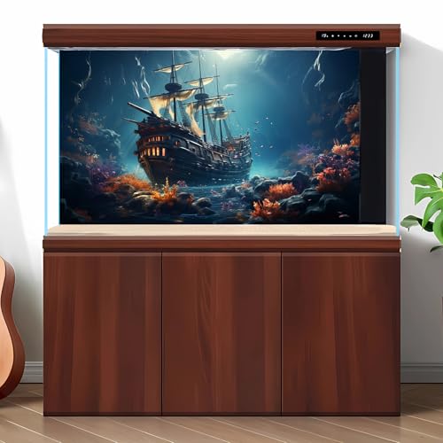 Sunken Ship Aquarium Background Undersea Pirate Shipwreck Fish Tank Background Tropical Coral Reefs Ocean Seabed seascape Reptile Tank Backgrounds Tropical Marine Life Terrarium Backgrounds 24x12in - color: Blue Purple, size: 24(W)x12(H)inches/ 60(W)*30cm