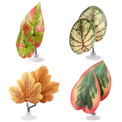 4pcs Betta Leaf Hammocks Bed, Adjustable Plastic Plant Pad Betta Fish Tank Decor with Suction Cup & Bracket for Four-Eyed Silk Fish Guppy to Rest (Green, Brown)