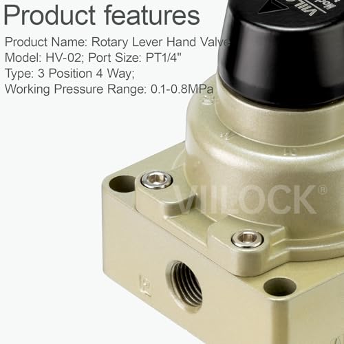 Rotary Lever Hand Valve HV-02, 3 Position 4 Way 1/4" NPT Pneumatic Manual Control Air Flow Valve (1/4" NPT) - style: 1/4" NPT