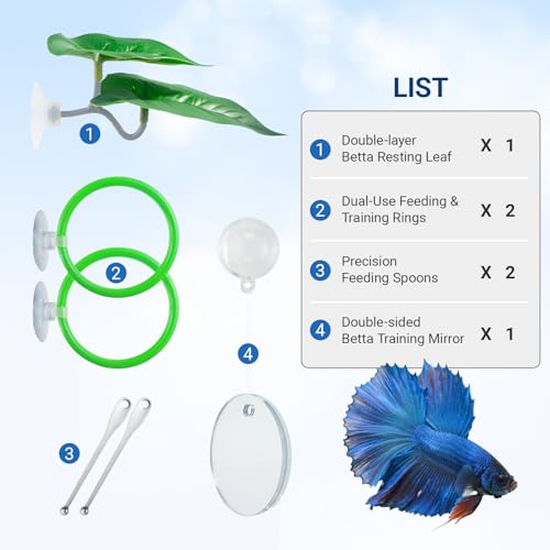 Betta Fish Toy Set: Betta Training Floating Mirror, Training/Feeding Ring, Spoon, and Resting Leaf. Promotes Exercise. Betta Toys, Resting & Feeding Kit. - color: Green