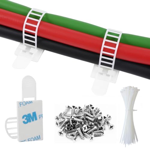 100Pcs Adhesive Cable Management Clips with 50Pcs Zip Ties, Adjustable Nylon Cable Strap Ties Wire Clips Clamps Organizer, Extra Screw & Hole - 3.35 Inch White - color: White, size: M-100pcs