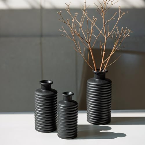Black Ceramic Vases for Home Decor, Modern Farmhouse Frosted Semi Matte Textured Decorative Vase Set, Unique Vase for Entryway, Coffee Table, Shelf, Small Pampas Grass and Flowers - color: Black