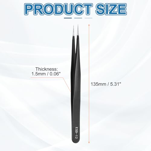 HARFINGTON 3pcs 5.31" Long ESD-12 Anti-static Straight Pointed Tip Tweezers Stainless Steel Round Edge Non-magnetic Precision Tweezers for Various Electronics Precise Repair - size: 5.31"（ESD-12)