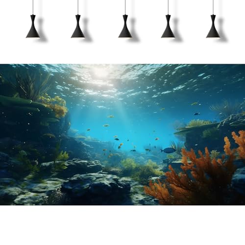 Ocean Floor Fish Tank Background Underwater Rock Aquarium Background Under The Sea Terrarium Backgrounds Aquatic Plants Sunlight Fish Tank Backgrounds Tropical Fish Aquarium Wallpaper 24x12in - color: Ocean Blue, size: 24(W)x12(H)inches/ 60(W)*30cm(H)