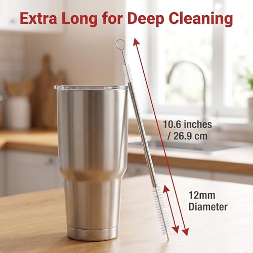 2 Pack Straw Cleaner Brush, Reusable Metal Handles Straw Cleaner Brush Extra Long for Stanley Mug 40, 30, 20 oz, 10mm Wide for Sippy Cup, Water Bottle and Tubes (Clear+Clear)