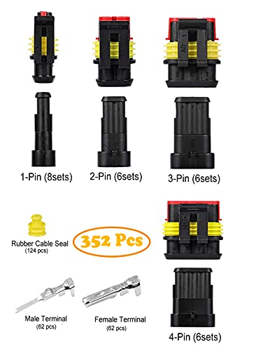 352Pcs Waterproof Electrical Connector Terminals Automotive Electrical Wire Connectors 1/2/3/4 Pin Connector with Ratchet Crimping Tool - color: 352pcs With Crimper