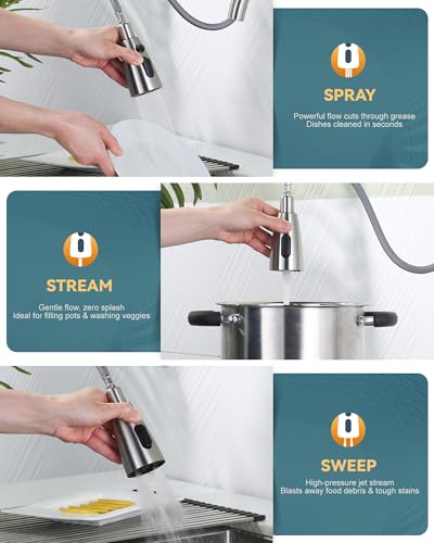 WOWOW Kitchen Faucet with Soap Dispenser: 304 Stainless Steel Kitchen Sink Faucet with Pull Down Sprayer 3 Modes, Single Handle High Arc Mixer Taps for Sink, RV, Laundry, Bar (Brushed Nickel) - color: A: Brushed Nickel, style: Kitchen Faucet with Soap Dis