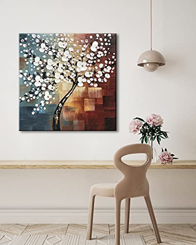 Wieco Art Large Modern Abstract White Flowers Oil Paintings on Canvas Wall Art Morning Glory 100% Hand Painted Floral Gallery Wrapped Artwork for Living Room Bedroom Home Office Decor - size: 32"L x 32"W