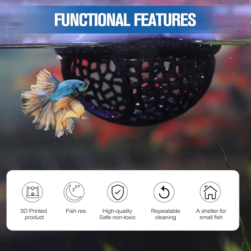 Black Floating Betta Hide & Shrimp Cave Aquarium Hammock, Feeding Ring & Resting Spot for Betta Fish, Shrimp & Small Fish (S) - Plastic Material
