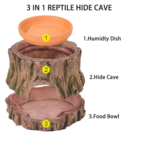 Reptile Hideout with Detachable Base and Humidity Dish, Gecko Hide Climbing Toy Tank Accessories, Terrarium Decor, Reptile Hide Cave for Crested Gecko,Lizard, Snake, Crabs