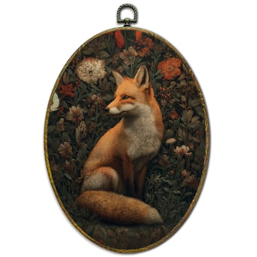 XFCICRLJ Vintage Moody Fox Wall Art Decor, Dark Cottagecore Botanical Fox Oval Canvas Prints Framed, Dark Academia Forest Fox Wall Art Decorations for Home Bedroom Living Room Decor, 11x8.5 Inch - color: fox01