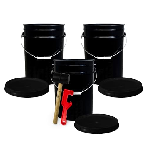 ePackageSupply 5 Gallon Plastic Bucket with Airtight Lid | Made in USA | Food Grade Bucket | BPA-Free | Heavy Duty 90 Mil All Purpose Pail | One 12" Rubber Mallet & One Lid Opener Included | 3 Pack - color: Black, size: 3 Packs