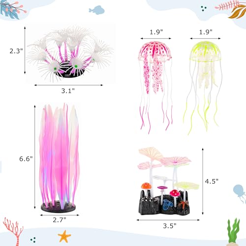 Lpraer 5 Pack Glow Aquarium Decorations Kelp Coral Mushroom Sun Flower Jellyfish Simulation Glow Plant Glowing Effect Silicone for Fish Tank Decorations - color: 5 Pcs(kelp+mushrooms+sun Flower+2x Jellyfish)