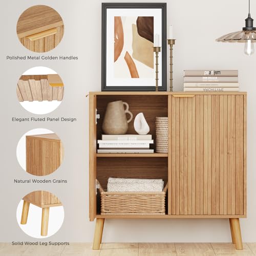 Fluted Storage Cabinet, Buffet Cabinet with Storage, Wood Sideboard with Adjustable Shelf, Modern Accent Cabinet & Console Table for Entryway, Living Room, Dining Room, Natural - color: Natural丨fluted Panel, size: 1 Piece