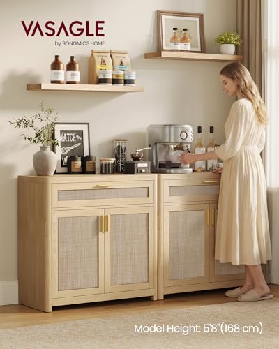 VASAGLE ELLAN Collection - Boho Buffet Cabinet with Rattan-Look Doors, Sideboard Storage Cabinet, Rounded Corners, Adjustable Shelf, Drawer, for Kitchen, Oak Beige UBBK601YC01 - color: Oak Beige (With Drawer), size: 1 Pcs